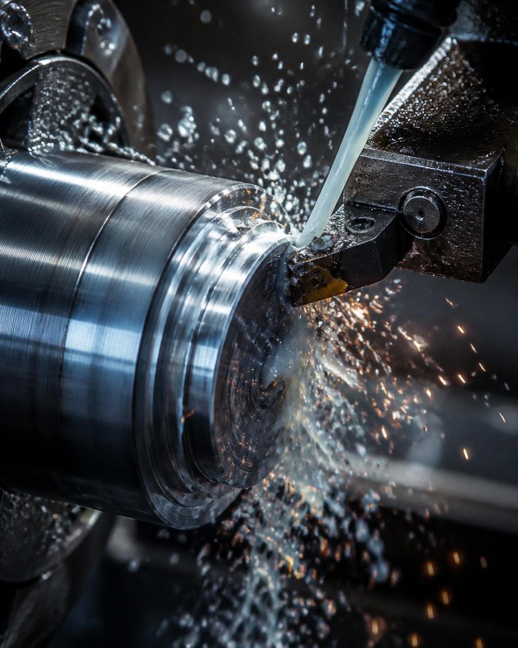 Torno CNC usinando peça de aço com fluido de corte e faíscas